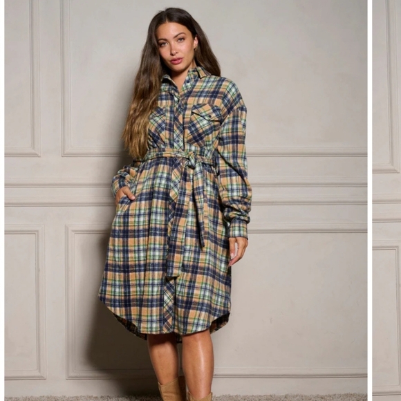 💕14 WOMEN'S LONG SLEEVE BUTTON UP SELF TIE PLAID MIDI DRESS LIVE! - Picture 3 of 4